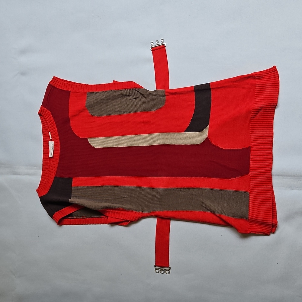 DKNY Red Colorblock Sweater Knit Top With Belt Size Small - Picture 5 of 10